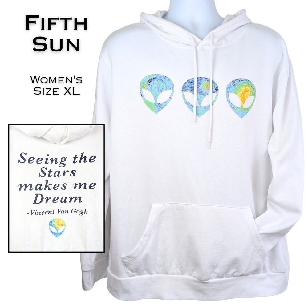 Fifth Sun Hoodie Womens XL White Alien Van Gogh Graphic Starry Night Pullover